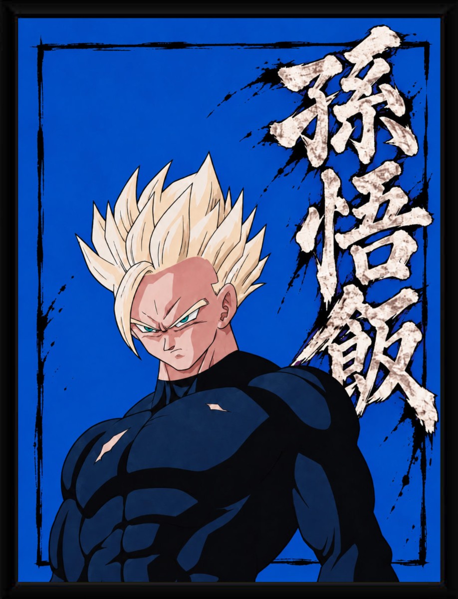 A Gohan poster elegantly displayed in a sleek black frame, enhancing the vibrant colors and details.