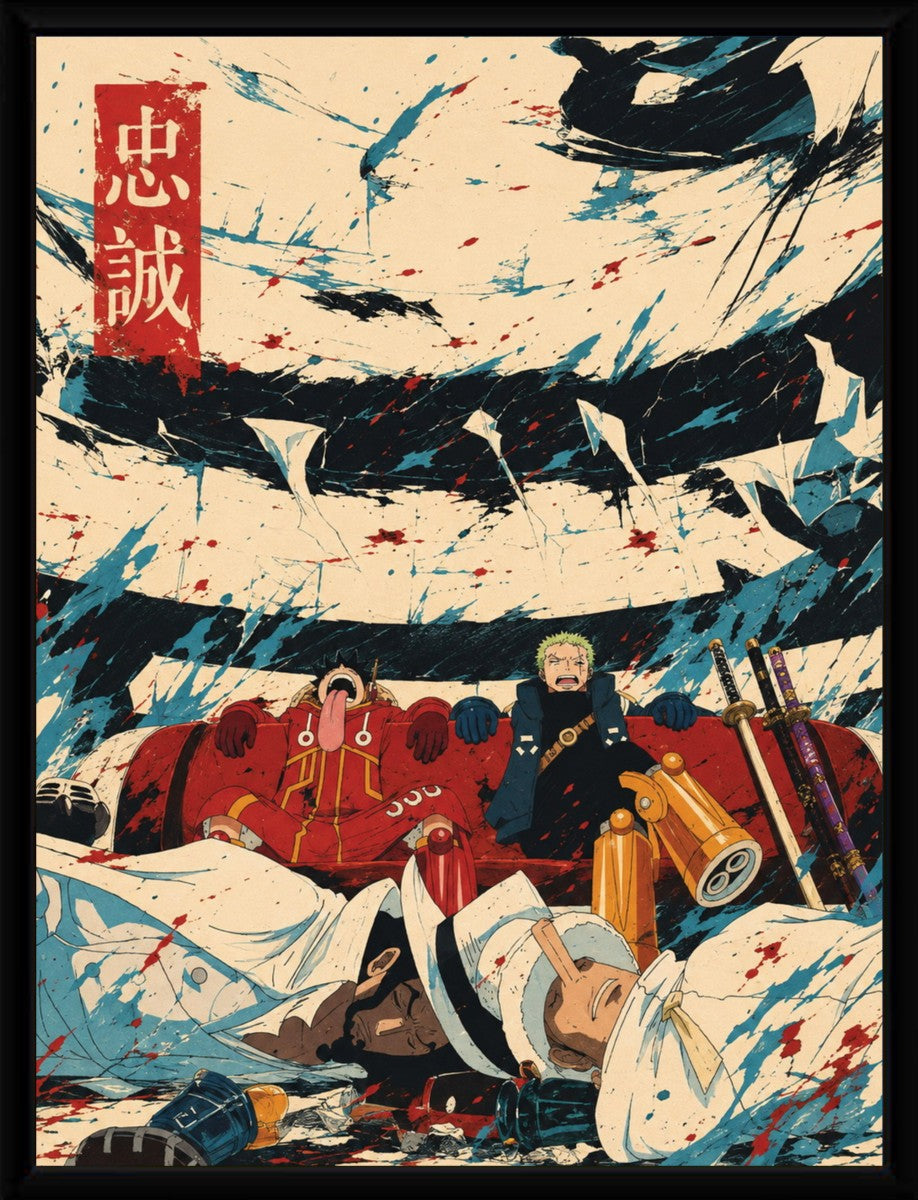 Zoro and Luffy poster displayed in a stylish frame, enhancing the vibrant colors and dynamic composition.