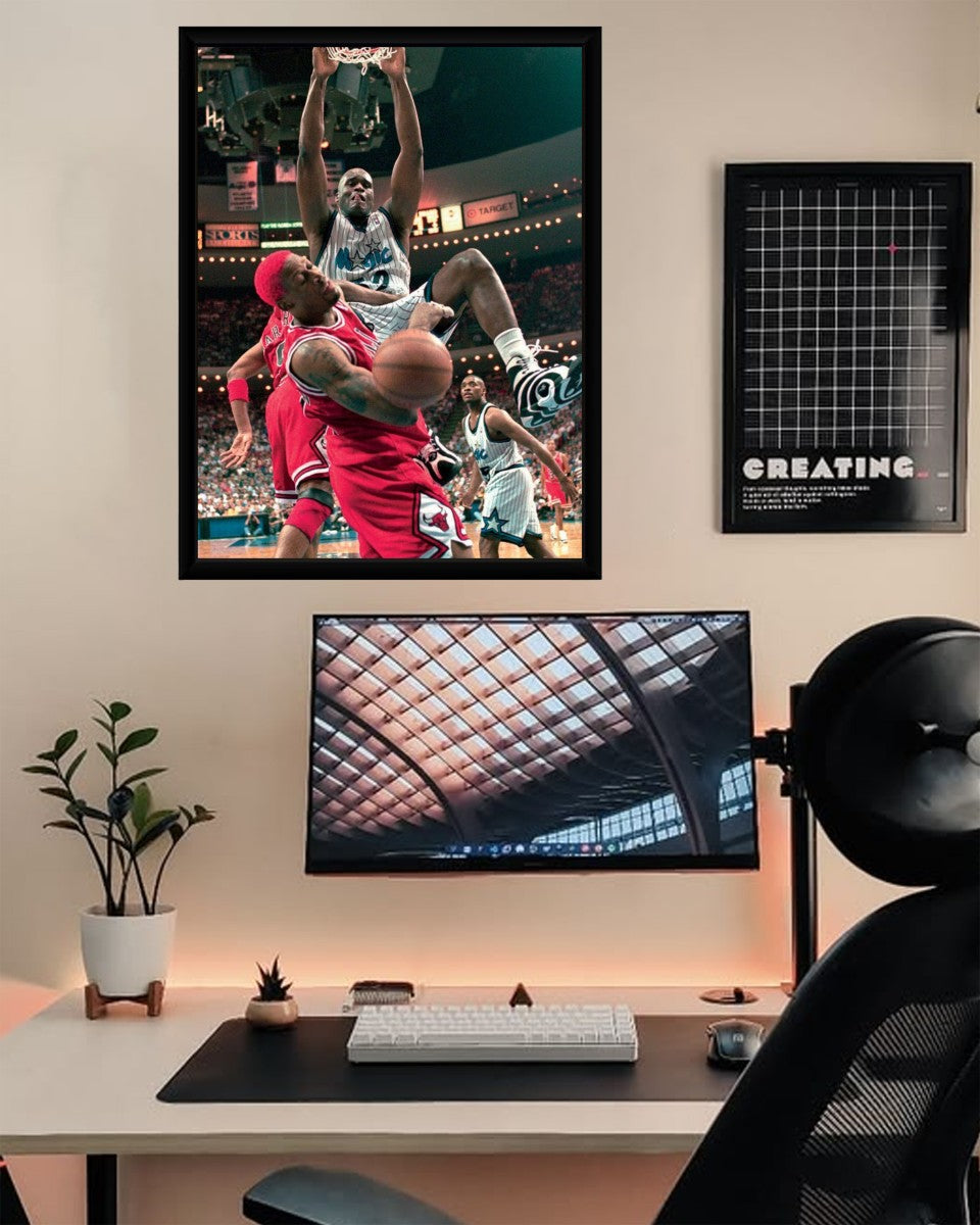 The sports poster featuring Shaquille O'Neal and Dennis Rodman presented in a chic and bright room environment.