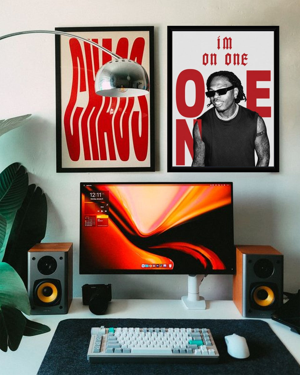 The Gunna One poster presented in a modern styled room, highlighting its vibrant colors and energetic design.