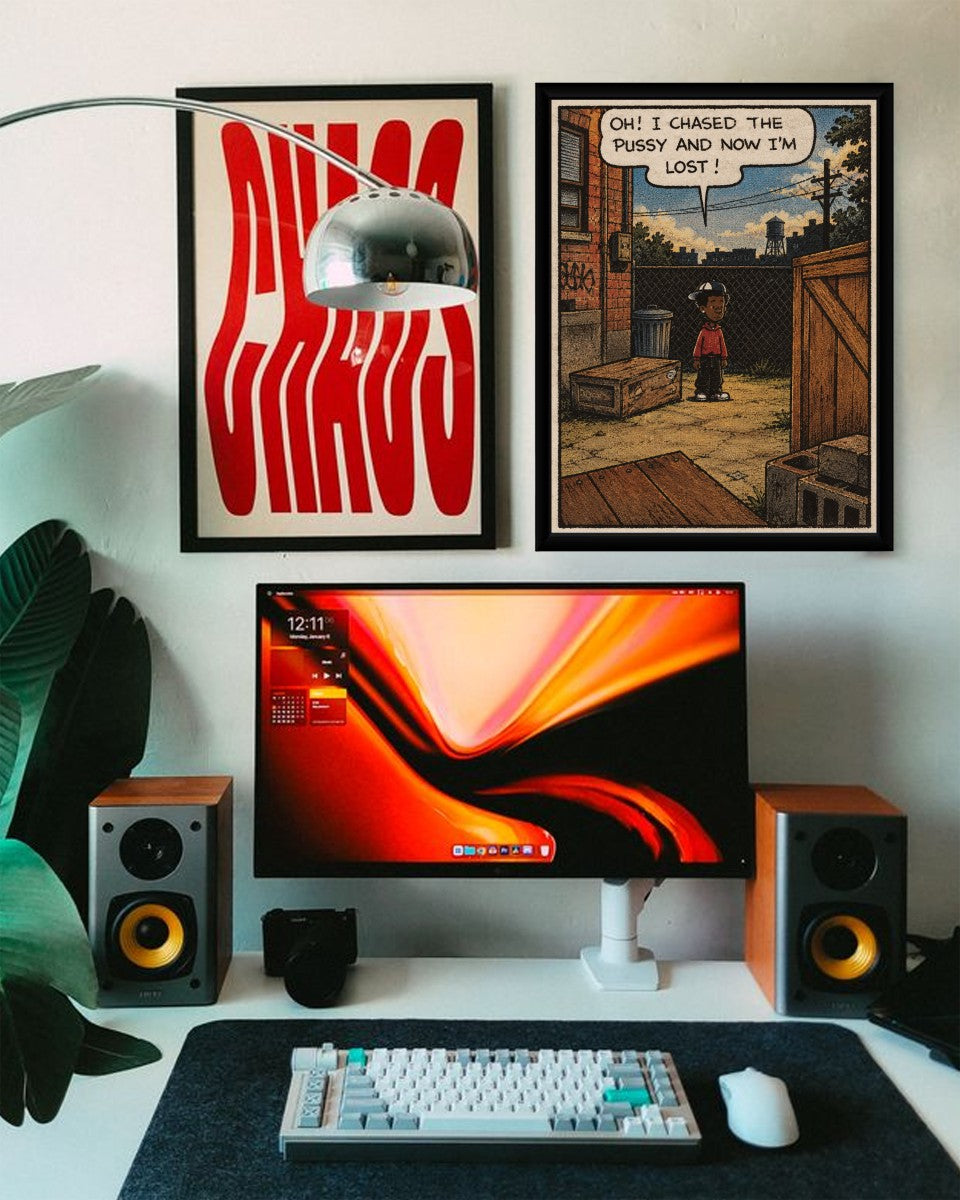 The 'Lost After the Chase' poster shown in a vibrant, styled mockup setting, emphasizing its fun and quirky design.