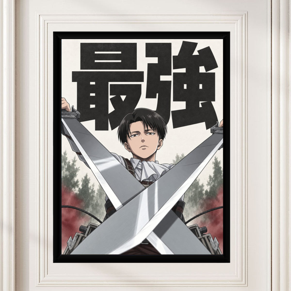 Levi Ackerman poster displayed in a stylish mockup setting, emphasizing its animated art and intense colors.