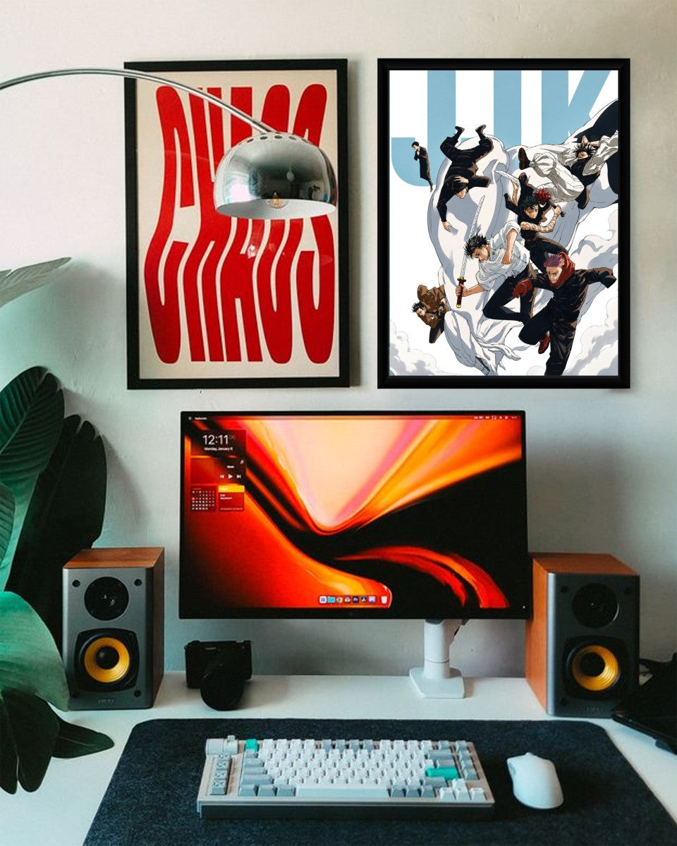 The Jujutsu Kaisen action poster elegantly presented in a cozy, well-decorated space, radiating energy.