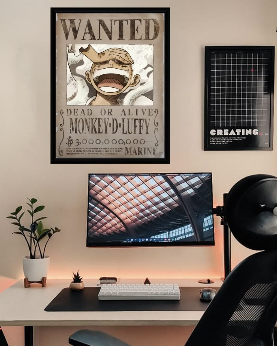 Vivid Monkey D. Luffy Wanted Poster presented in an artistic studio, complementing the creative atmosphere.