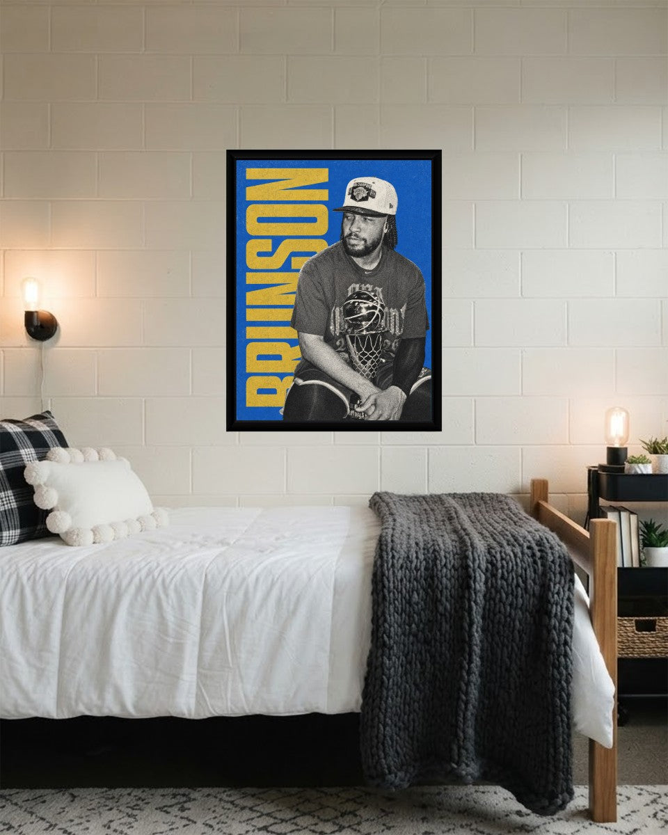 The Jalen Brunson poster displayed in a modern living room setting, enhancing the athletic ambiance.