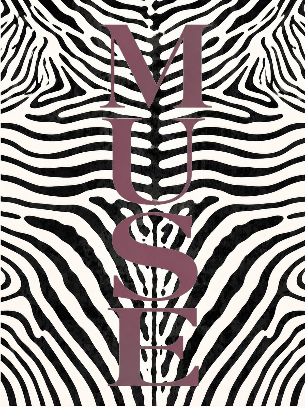 A minimalist poster featuring the word 'MUSE' against a bold black and white zebra pattern.