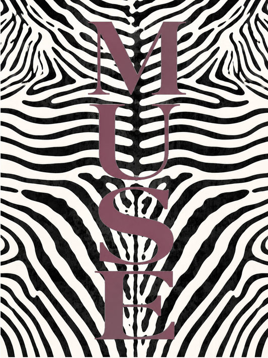 A minimalist poster featuring the word 'MUSE' against a bold black and white zebra pattern.