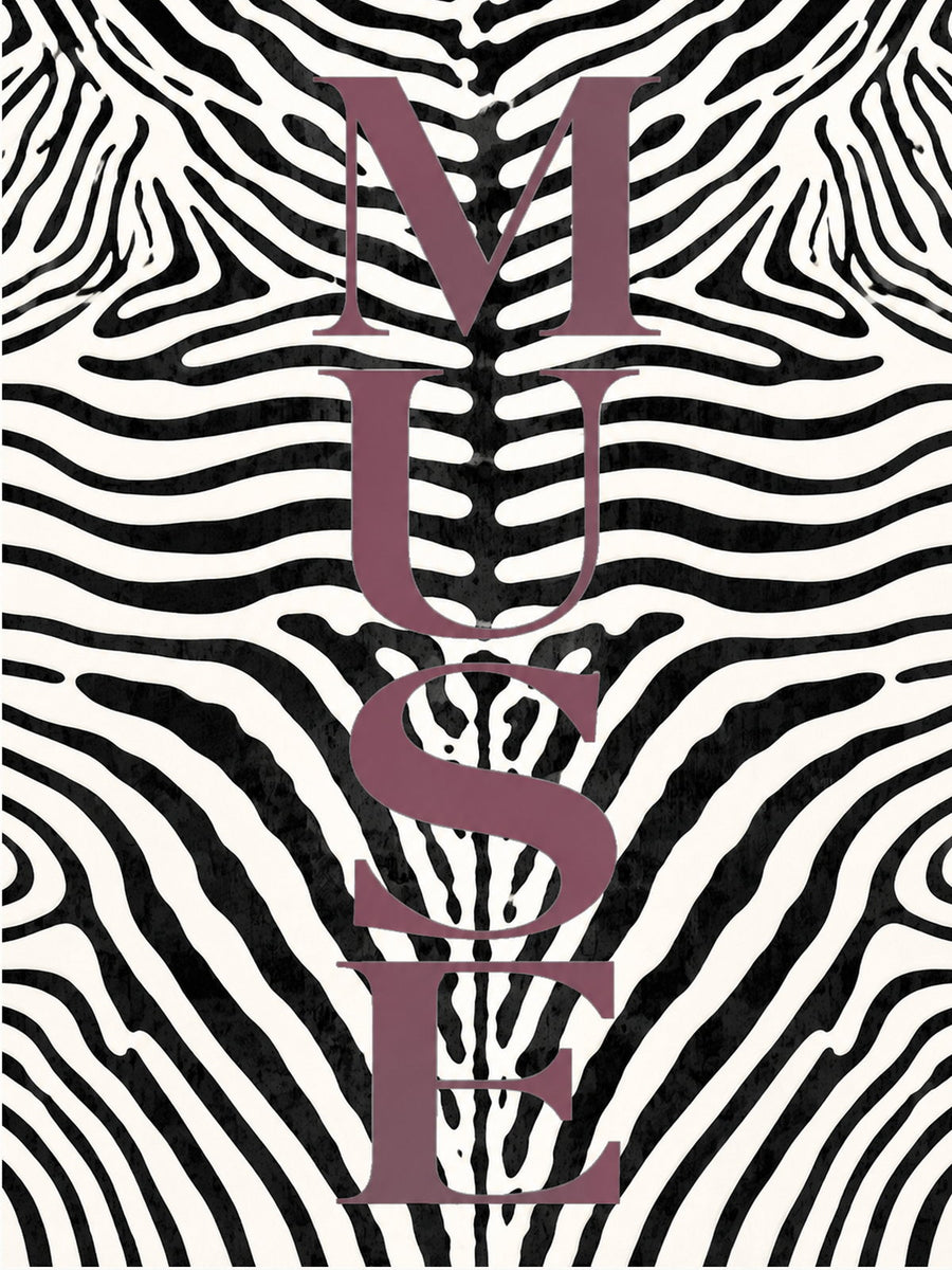 A minimalist poster featuring the word 'MUSE' against a bold black and white zebra pattern.