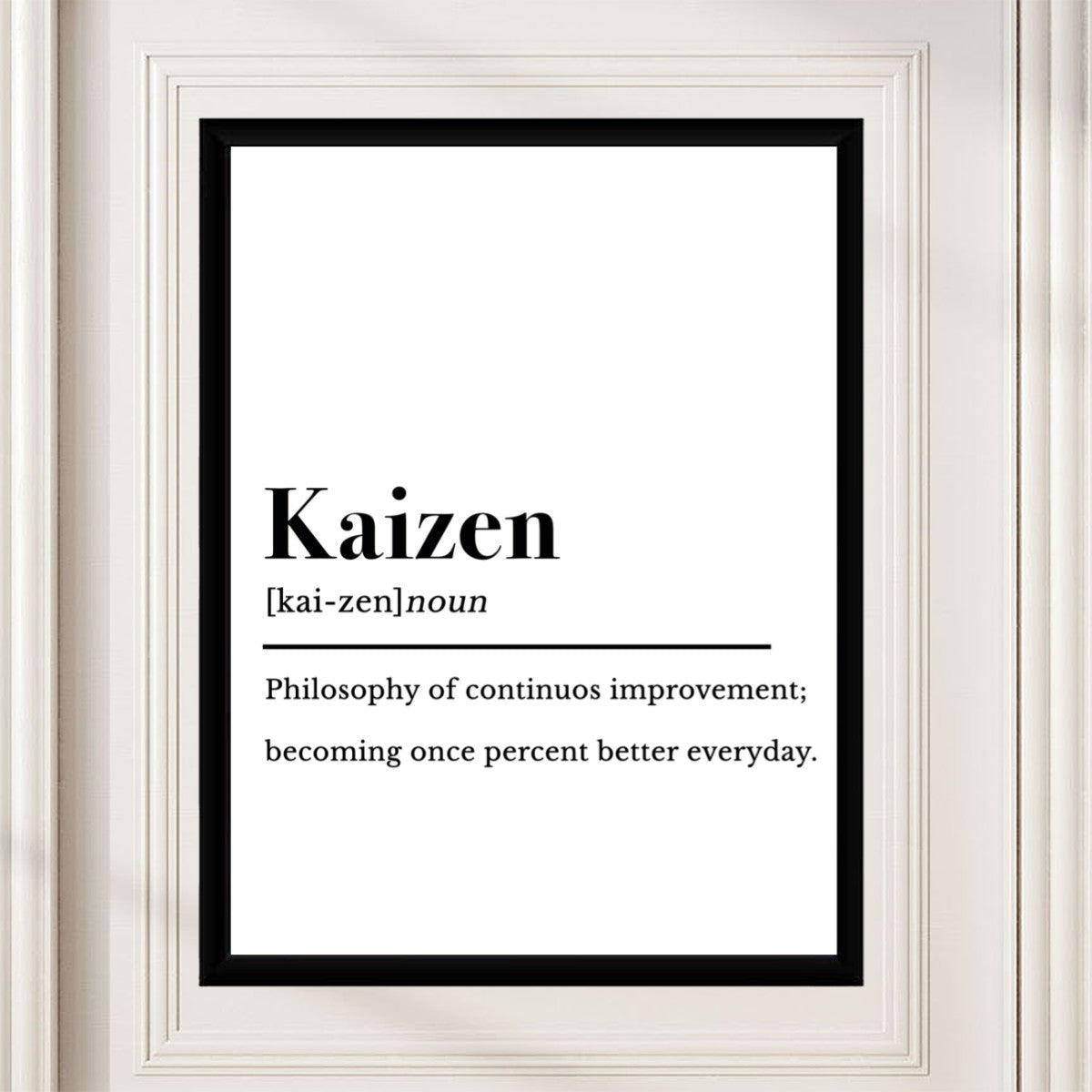 The Kaizen Philosophy Poster shown in a stylish work environment, serving as a daily motivation for personal development.