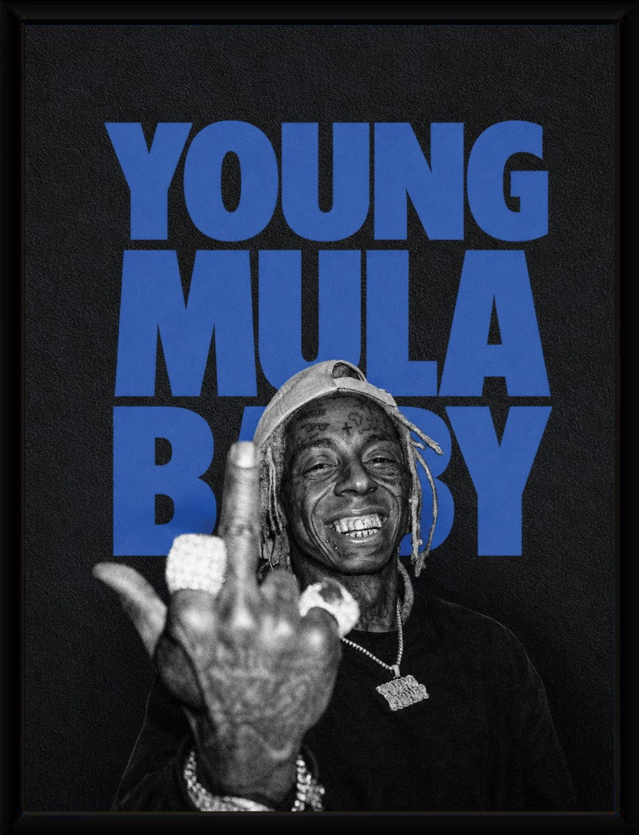 Lil Wayne poster in a sleek black frame, highlighting the vibrant blue background and text.
