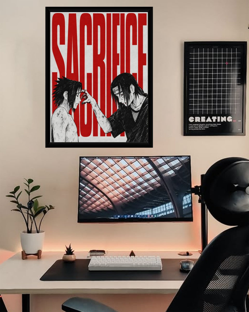 The poster of Itachi and Sasuke artistically arranged in a vibrant mockup, emphasizing its emotional impact.