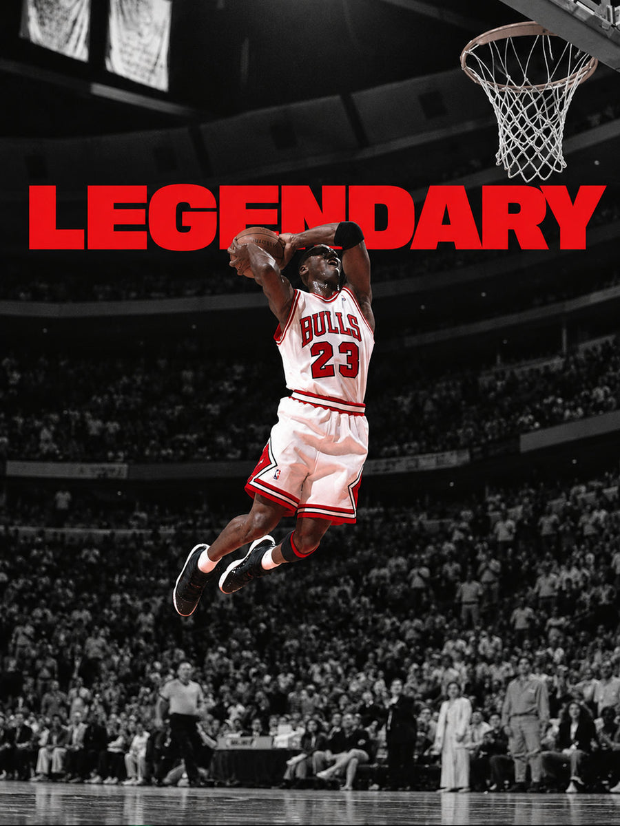 A vibrant poster featuring Michael Jordan in a dynamic leap, highlighting his legendary status in basketball.