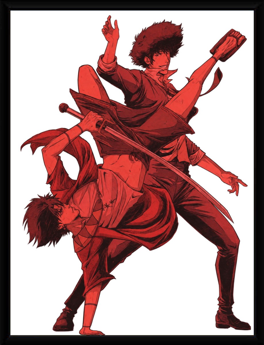 The Mugen vs Spike poster displayed in a sleek black frame, enhancing its vivid colors.