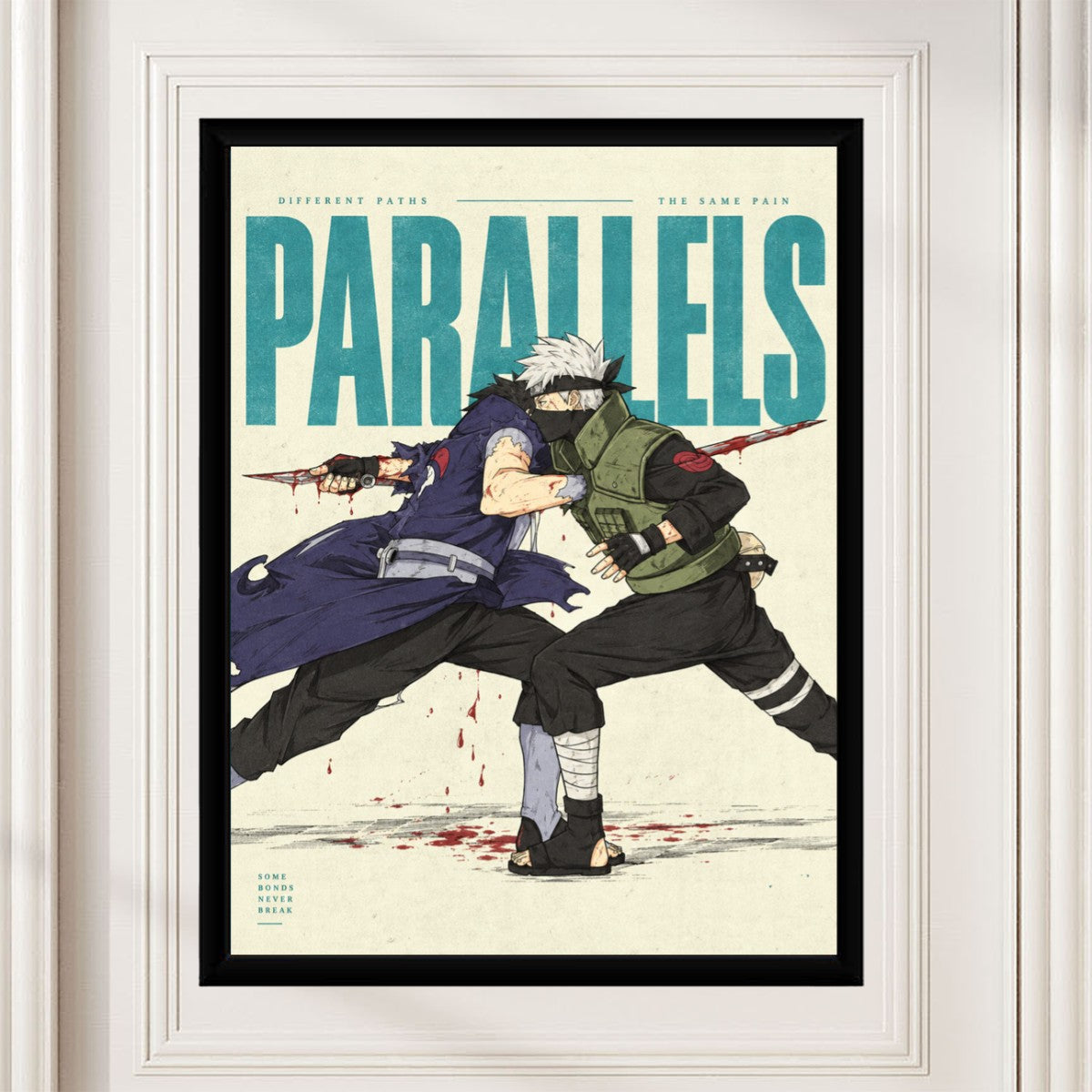 The Itachi vs Obito poster displayed on a stylish wall as part of a curated art collection in a modern setting.