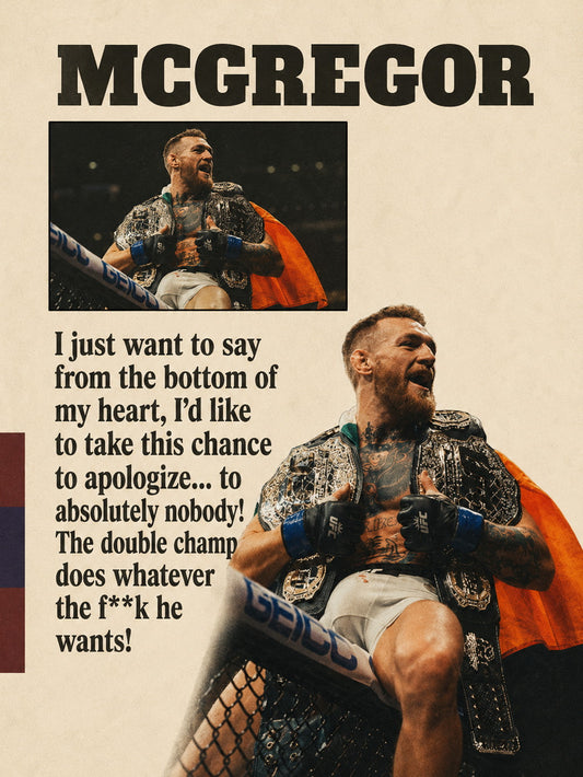 A vibrant poster featuring Conor McGregor with an inspiring quote showcasing his fierce personality.