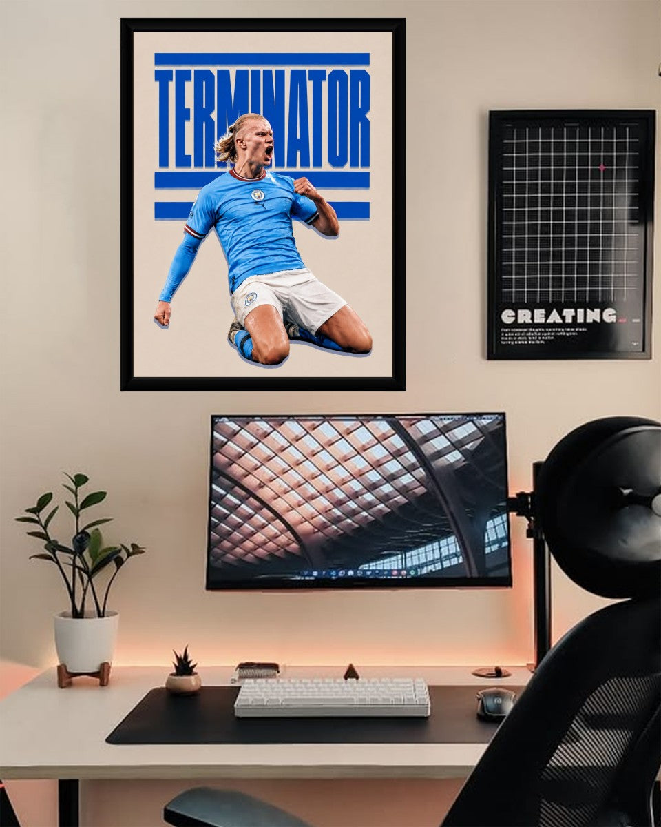 Erling Haaland poster showcased in a stylish office environment, perfect for sports fans.