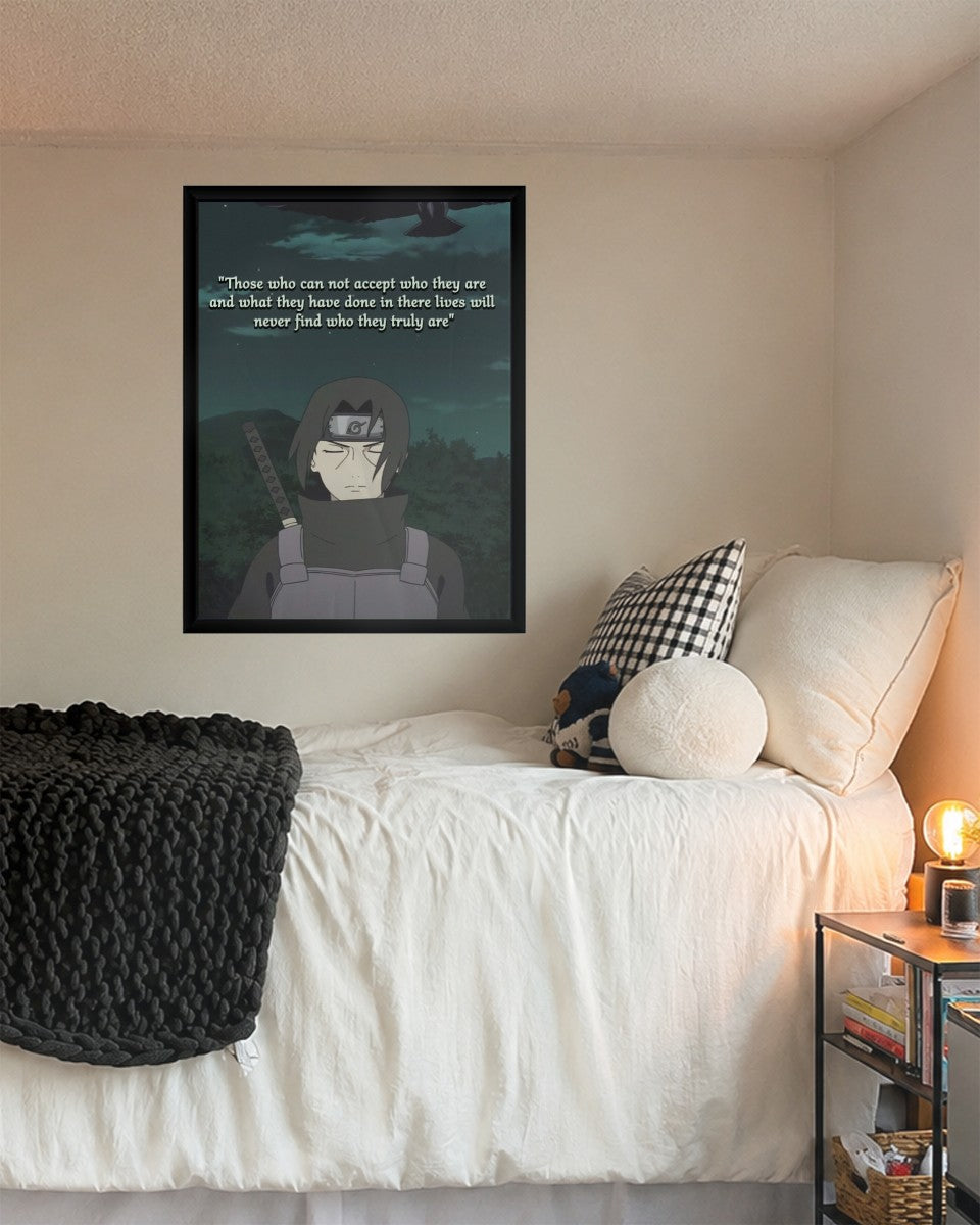 The Itachi Uchiha poster prominently displayed in a stylish living room setting, emphasizing its anime theme.