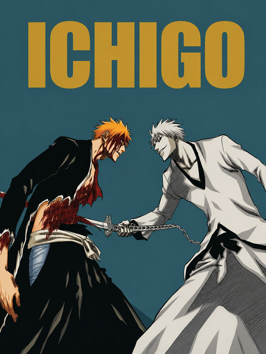 A vibrant poster featuring Ichigo Kurosaki in an intense battle scene with dynamic colors.