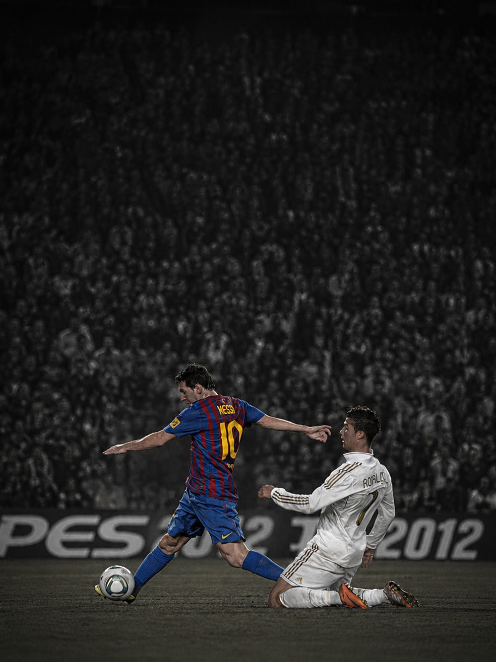 Dynamic action shot of Messi vs Ronaldo showcasing their legendary rivalry.