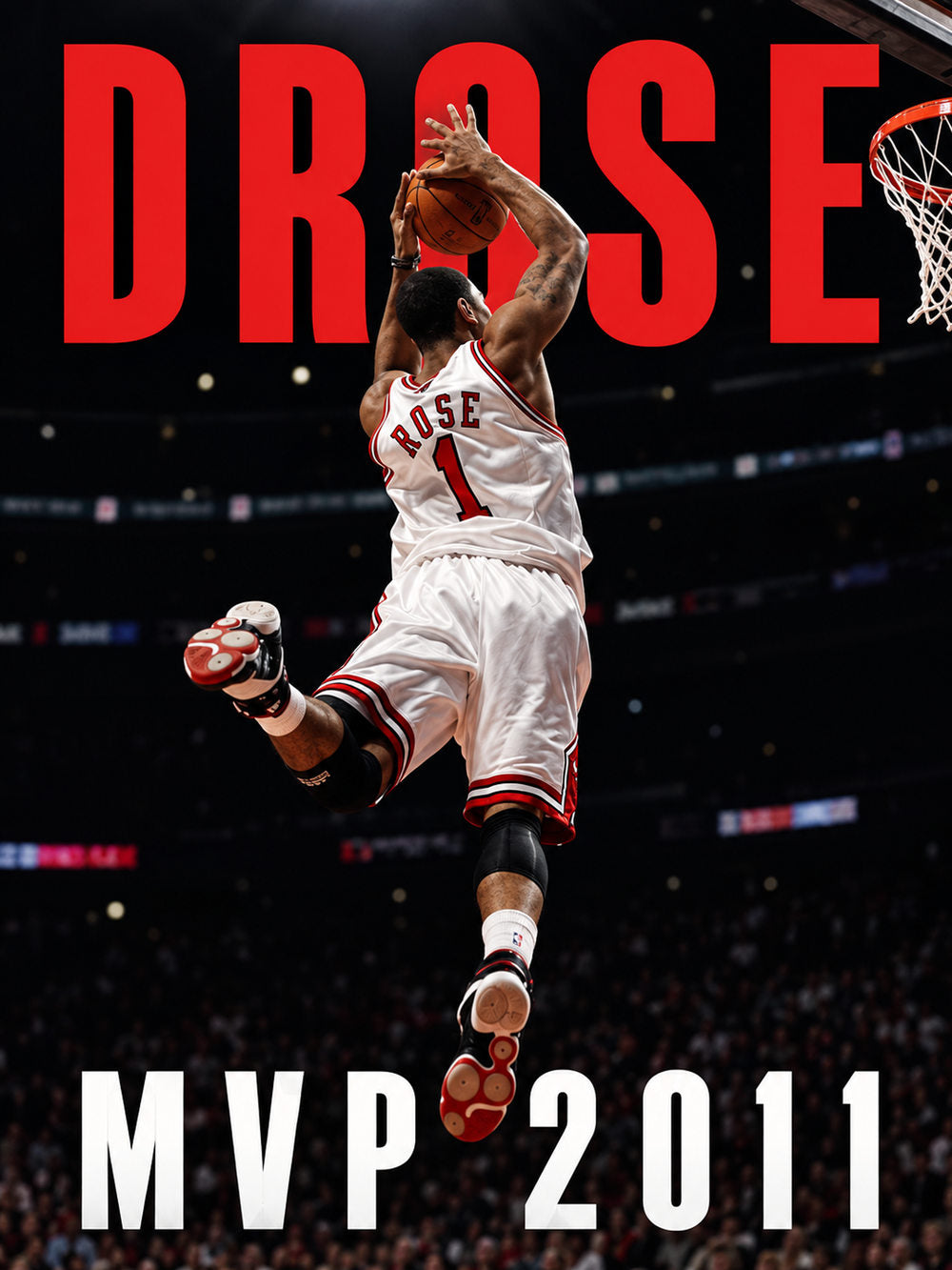 Derrick Rose MVP poster showcasing him in action during a game with bold typography.