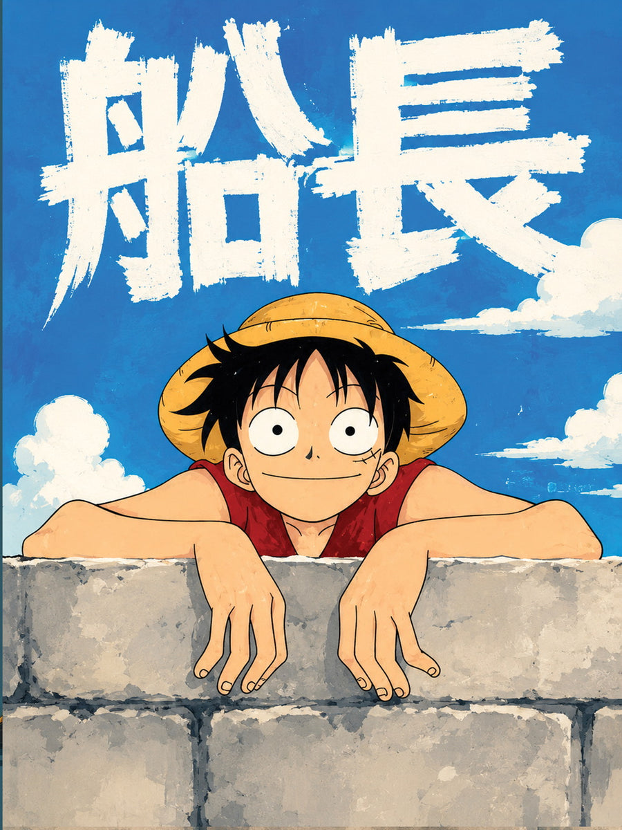 A colorful poster featuring Luffy, the beloved anime character, wearing his signature straw hat with a cheerful expression