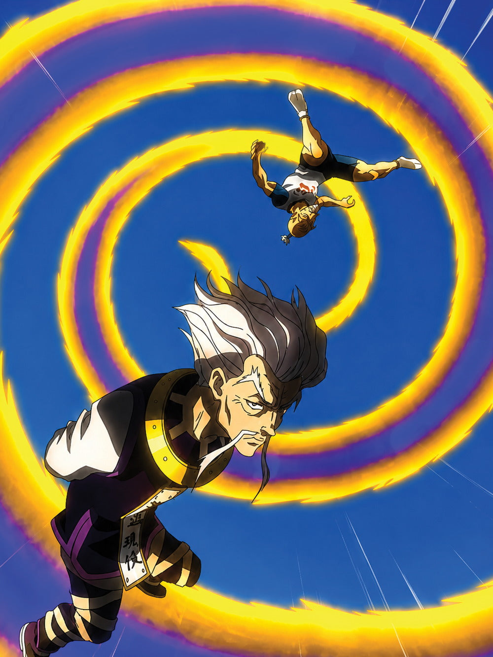 A vibrant poster showcasing Isaac Netero from 'Hunter x Hunter' in dynamic motion against a colorful backdrop.