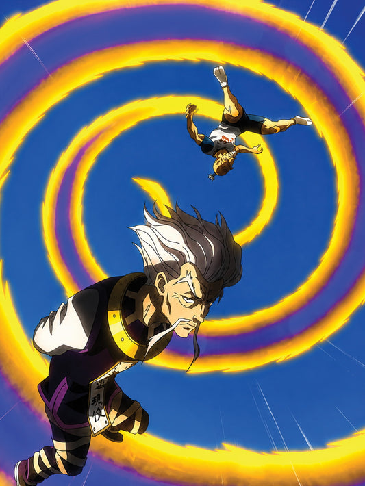 A vibrant poster showcasing Isaac Netero from 'Hunter x Hunter' in dynamic motion against a colorful backdrop.