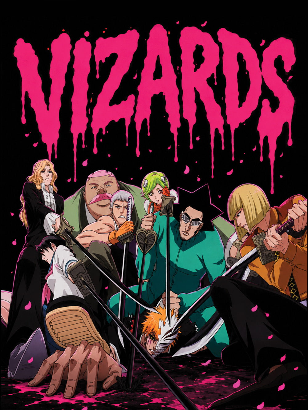 A bold poster featuring the Vizards from the anime Bleach with vibrant pink lettering against a dramatic black backdrop.