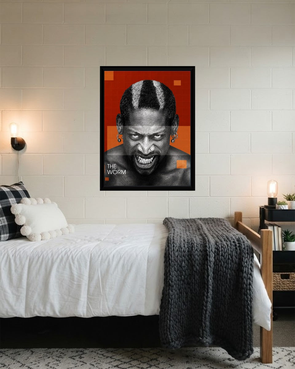 Dennis Rodman poster presented in a modern living space, highlighting its striking colors and dynamic composition.