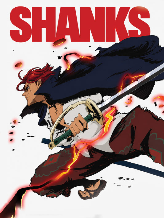Dynamic artwork of Shanks brandishing his sword in an intense action pose.