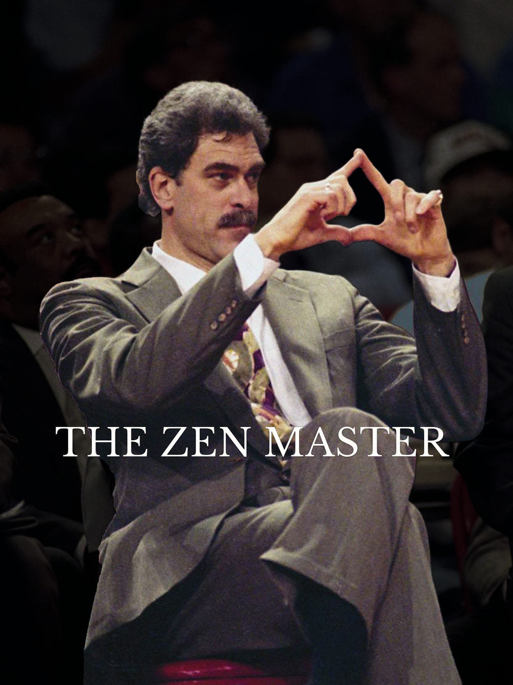 A minimalist poster featuring the text 'THE ZEN MASTER' with a dark background, symbolizing Phil Jackson's calm coaching