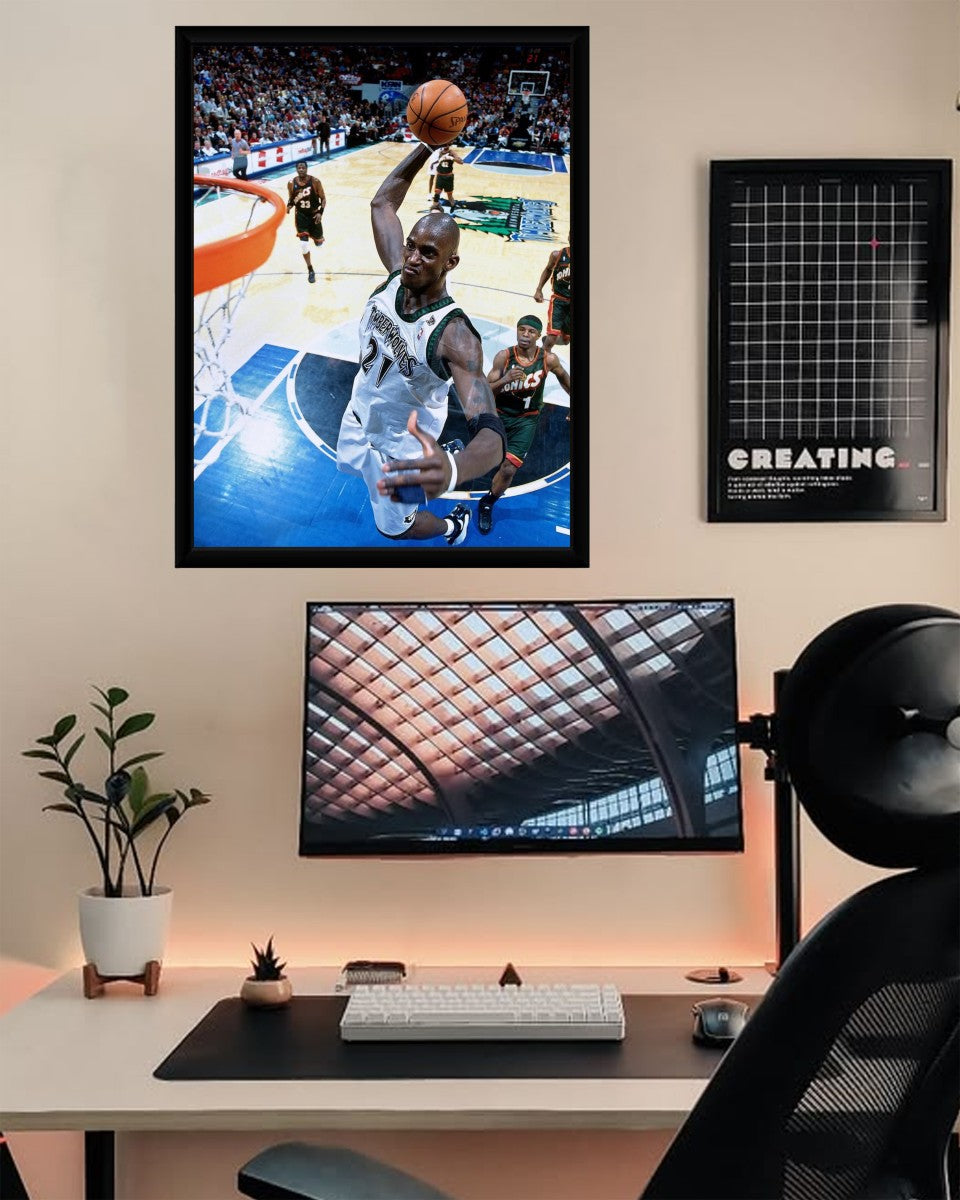 Kevin Garnett Dunk Poster displayed in an energetic office setting, inspiring sports enthusiasts.