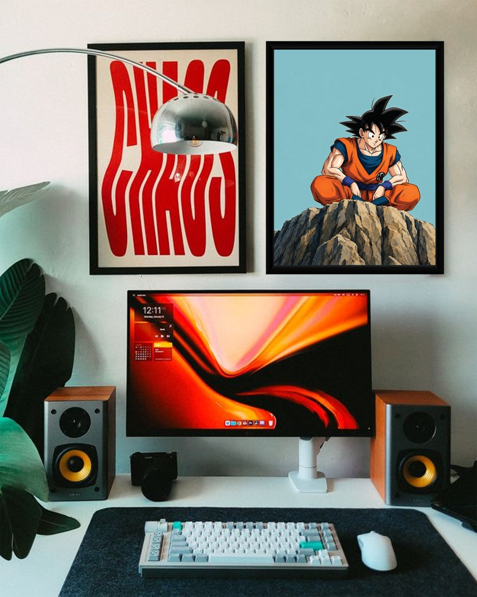 Goku poster elegantly displayed in an office setting, adding a pop of color and personality.