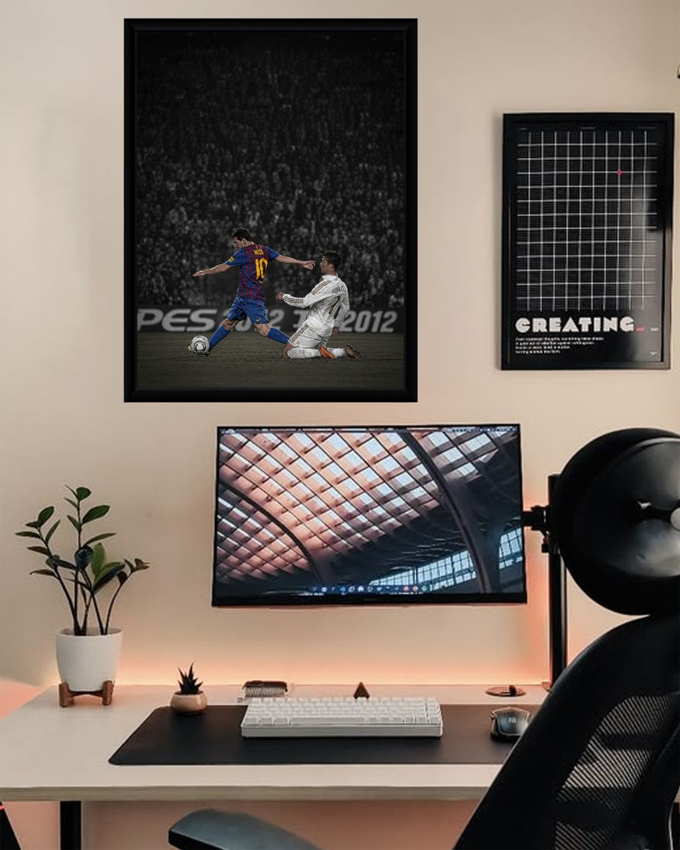 Close-up view of the Messi vs Ronaldo poster in a modern room setting.