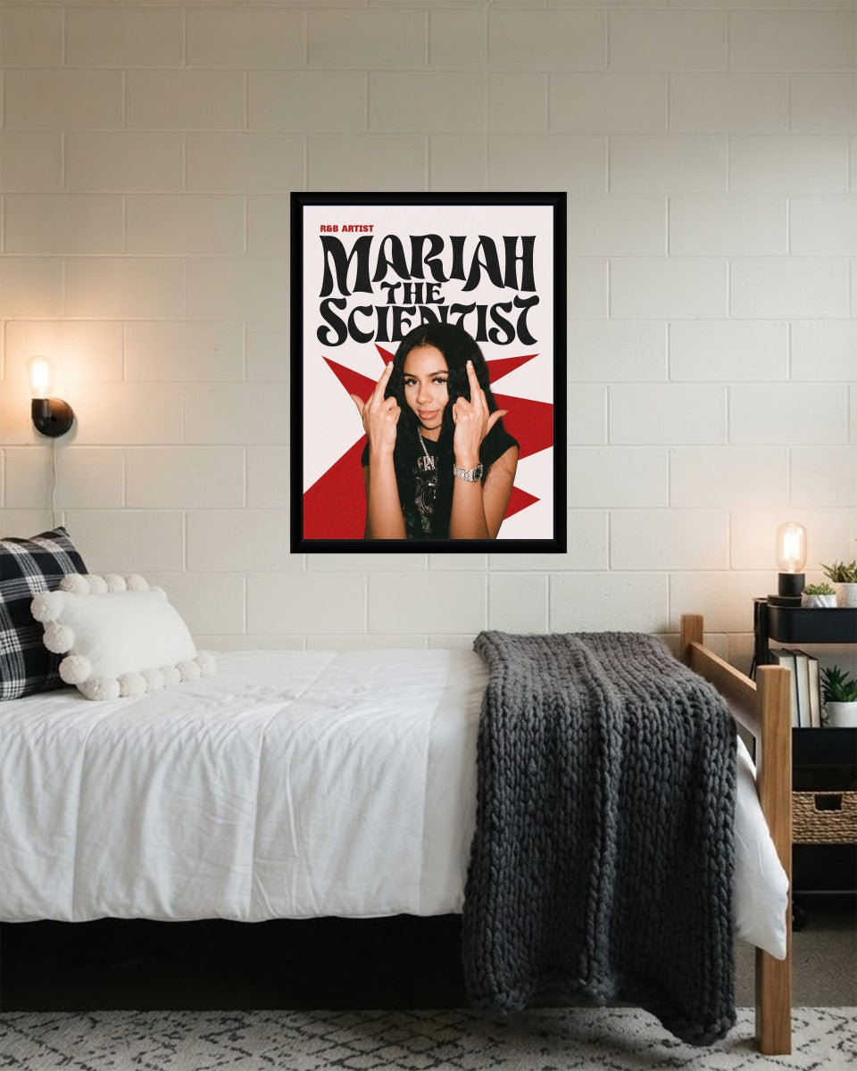 Mariah the Scientist poster elegantly presented in a chic setting, emphasizing its colorful artistic elements.
