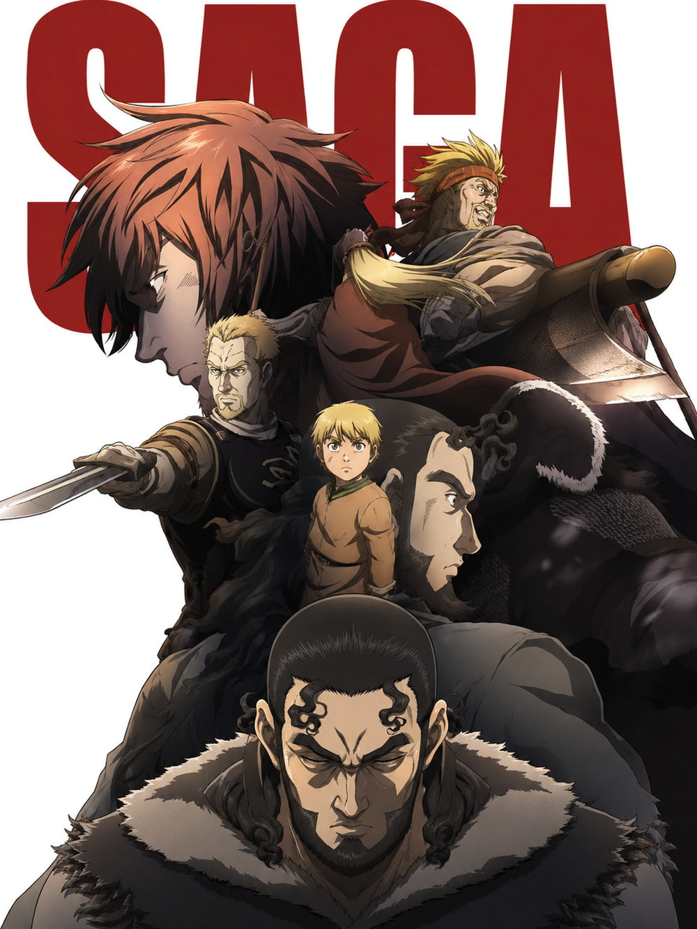 Vinland Saga poster featuring dynamic artwork of characters with intense expressions.