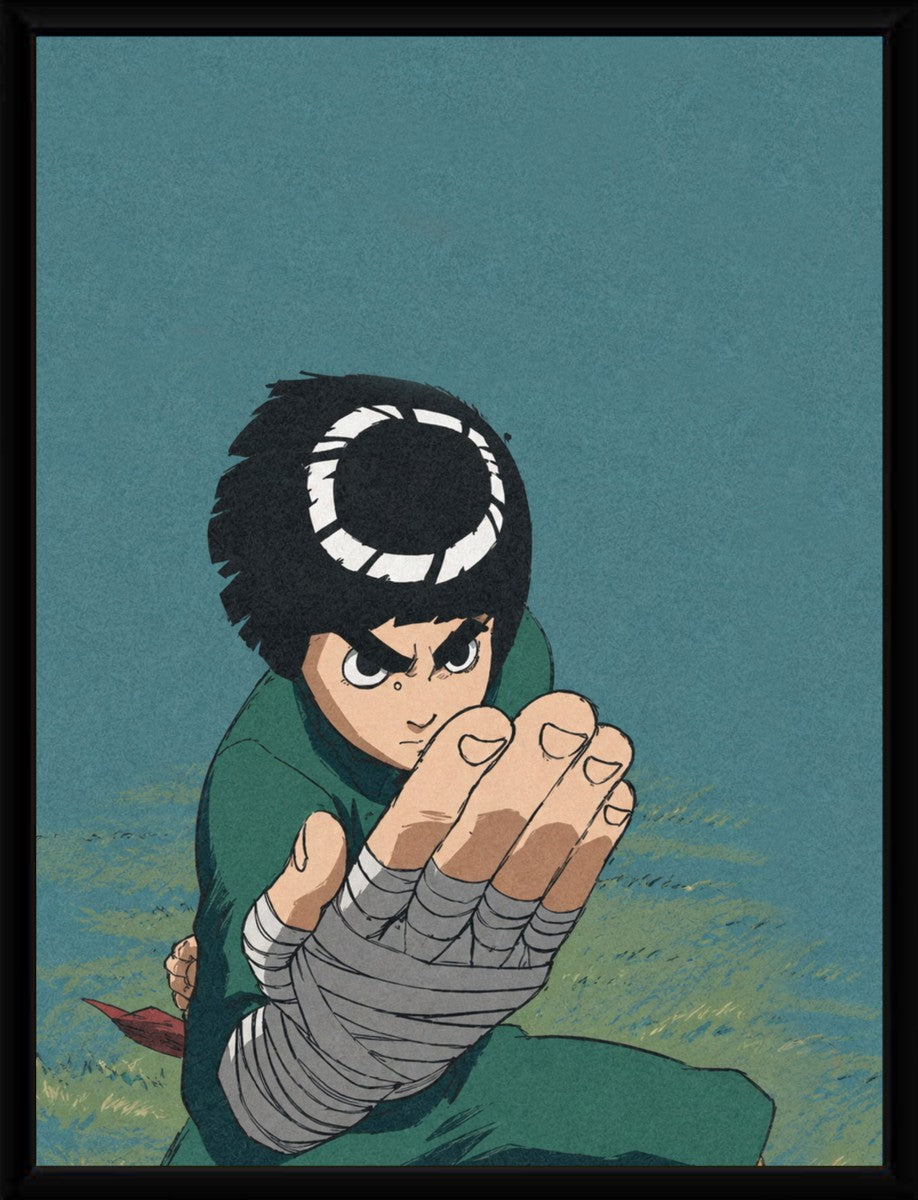 Rock Lee poster displayed in a sleek black frame, showcasing its vibrant colors.