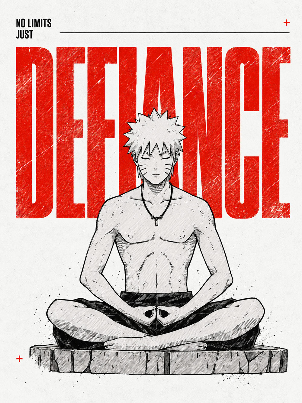 Striking Naruto Defiance Poster featuring the quote 'NO LIMITS JUST DEFIANCE' in a bold minimalist design.