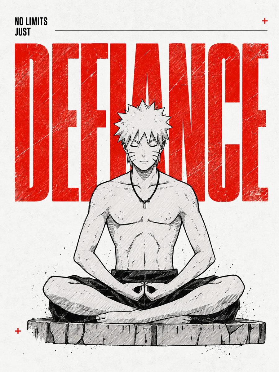 Striking Naruto Defiance Poster featuring the quote 'NO LIMITS JUST DEFIANCE' in a bold minimalist design.