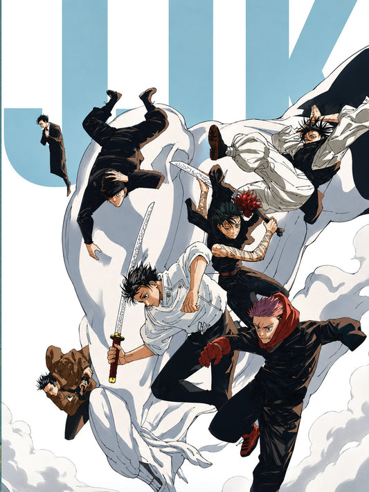 A vibrant poster of Jujutsu Kaisen, depicting action-packed characters and dynamic poses.
