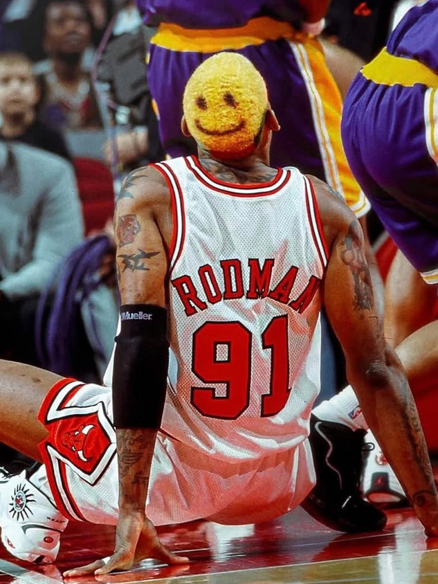 Vibrant Dennis Rodman basketball poster featuring his dynamic athleticism.