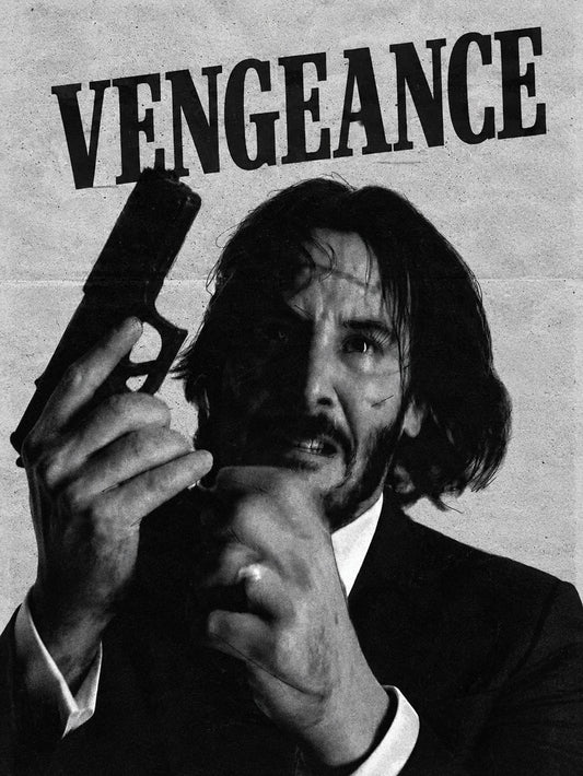 A monochromatic poster featuring John Wick, played by Keanu Reeves, holding a gun with a dramatic expression and the text