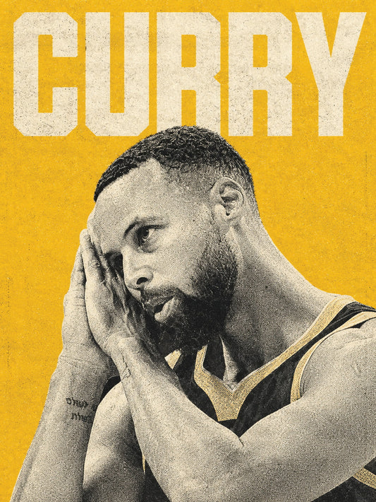 Poster featuring a powerful image of Stephen Curry with bold text 'CURRY' on a yellow background.