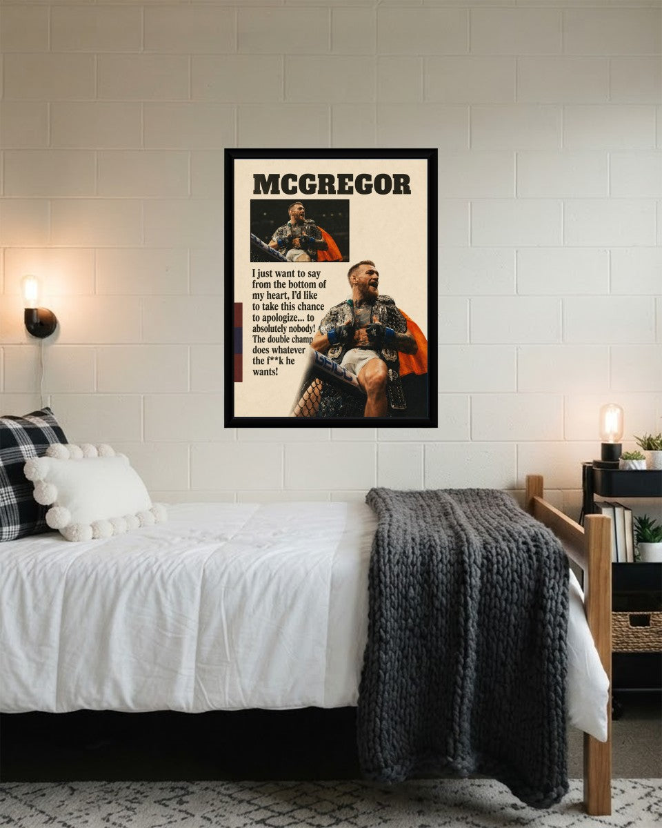 Conor McGregor poster displayed in a stylish setting that enhances its colorful design and motivational quote.