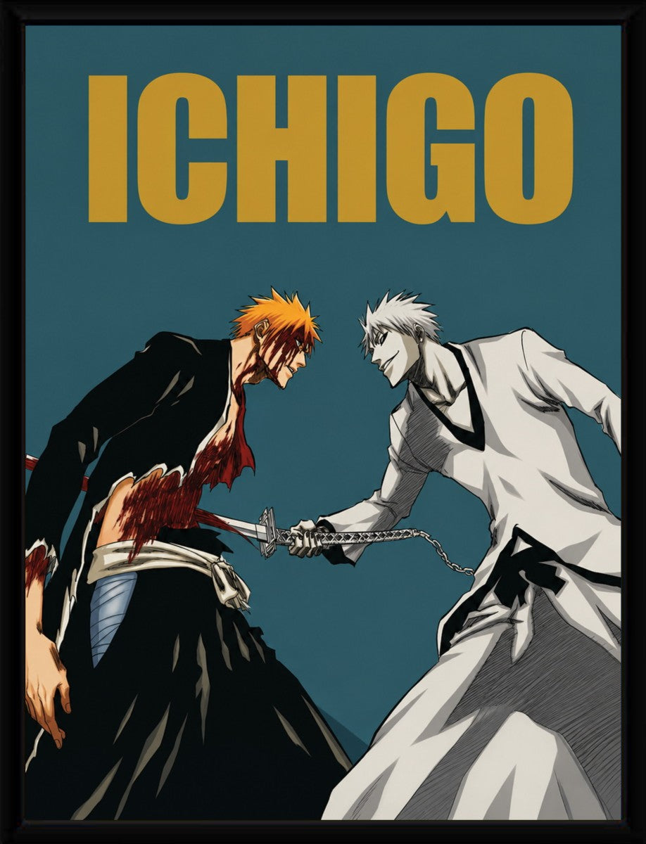 The Ichigo Kurosaki battle poster elegantly framed, highlighting its vivid artwork.