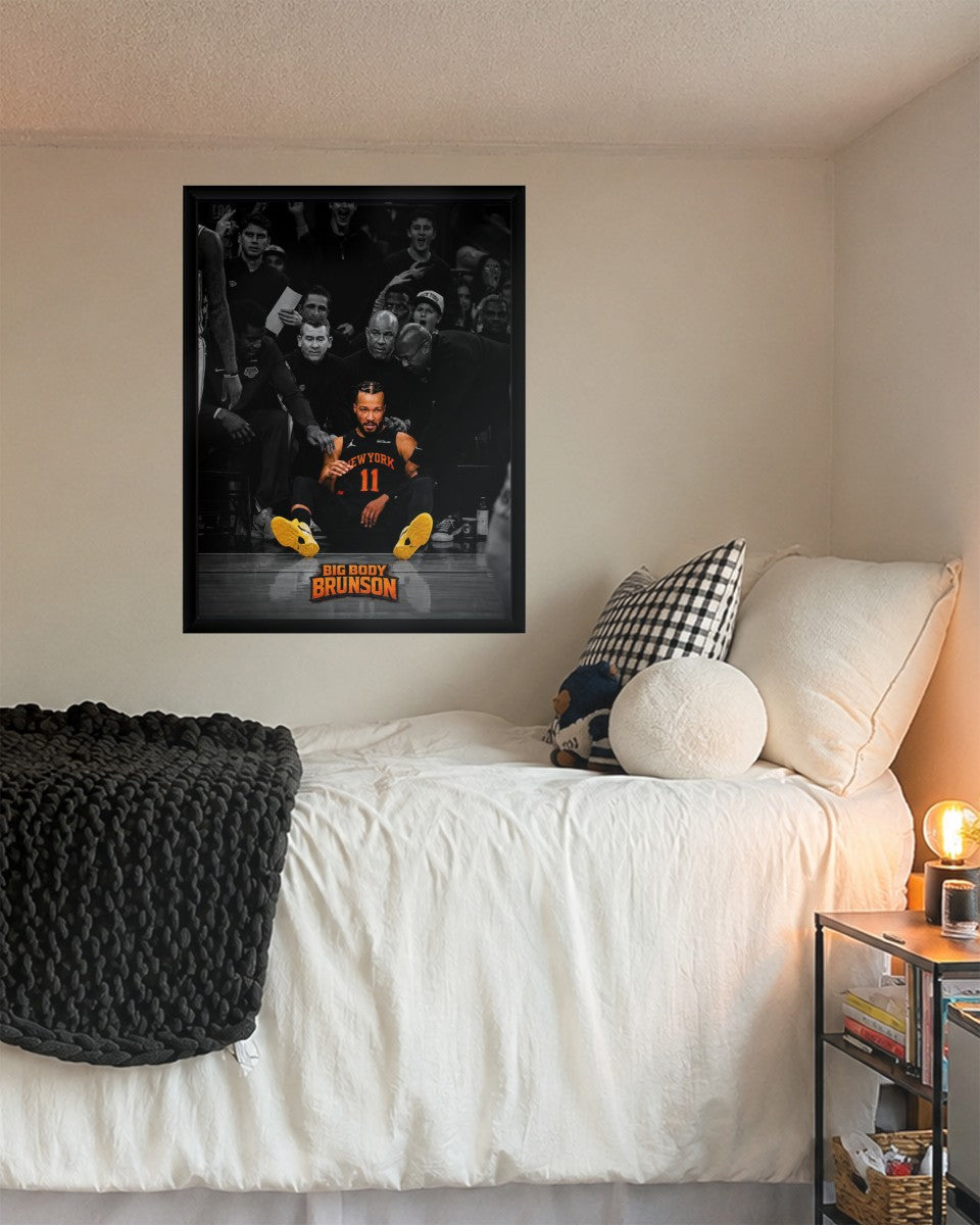 Jalen Brunson poster displayed in a stylish living space, enhancing the decor.