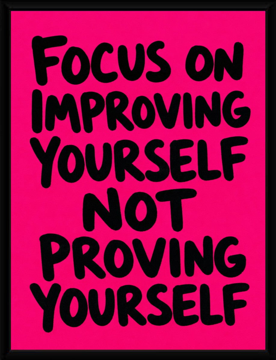 Framed motivational poster featuring the quote 'Focus on Improving Yourself, Not Proving Yourself' in a clean, modern style.