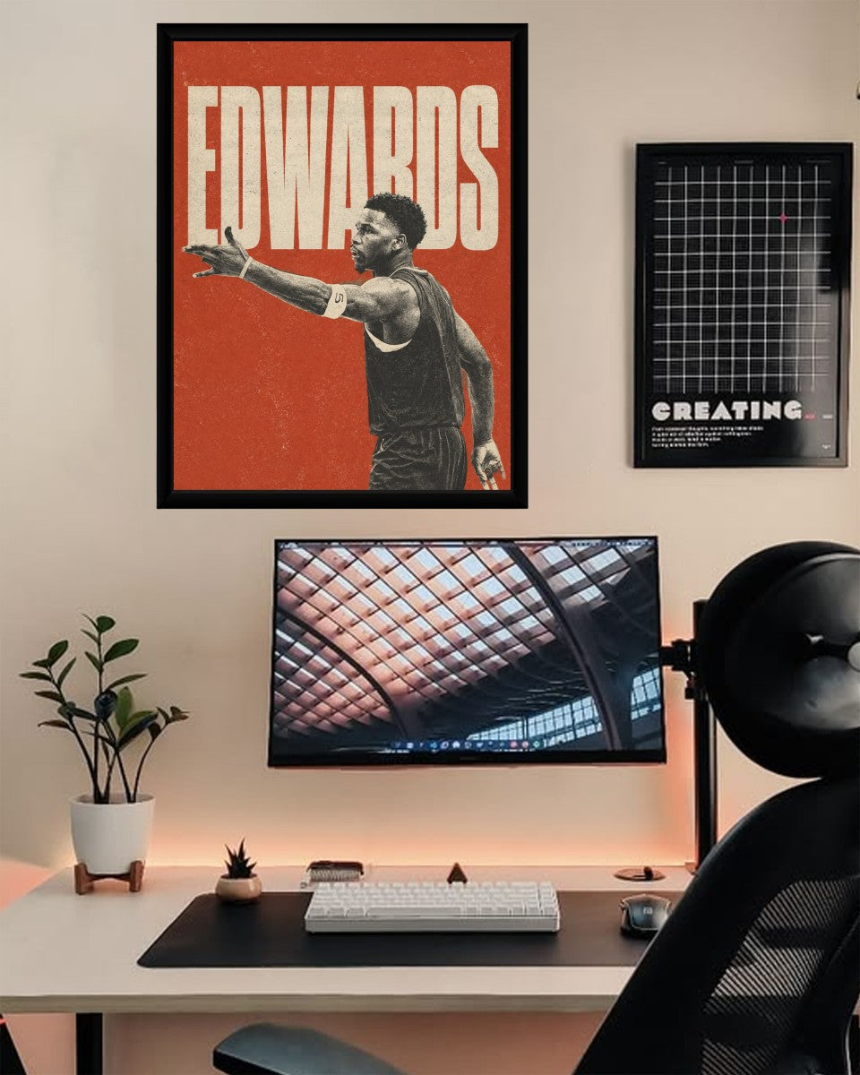 The Anthony Edwards poster displayed in a bright, modern space, showcasing its energetic vibe.