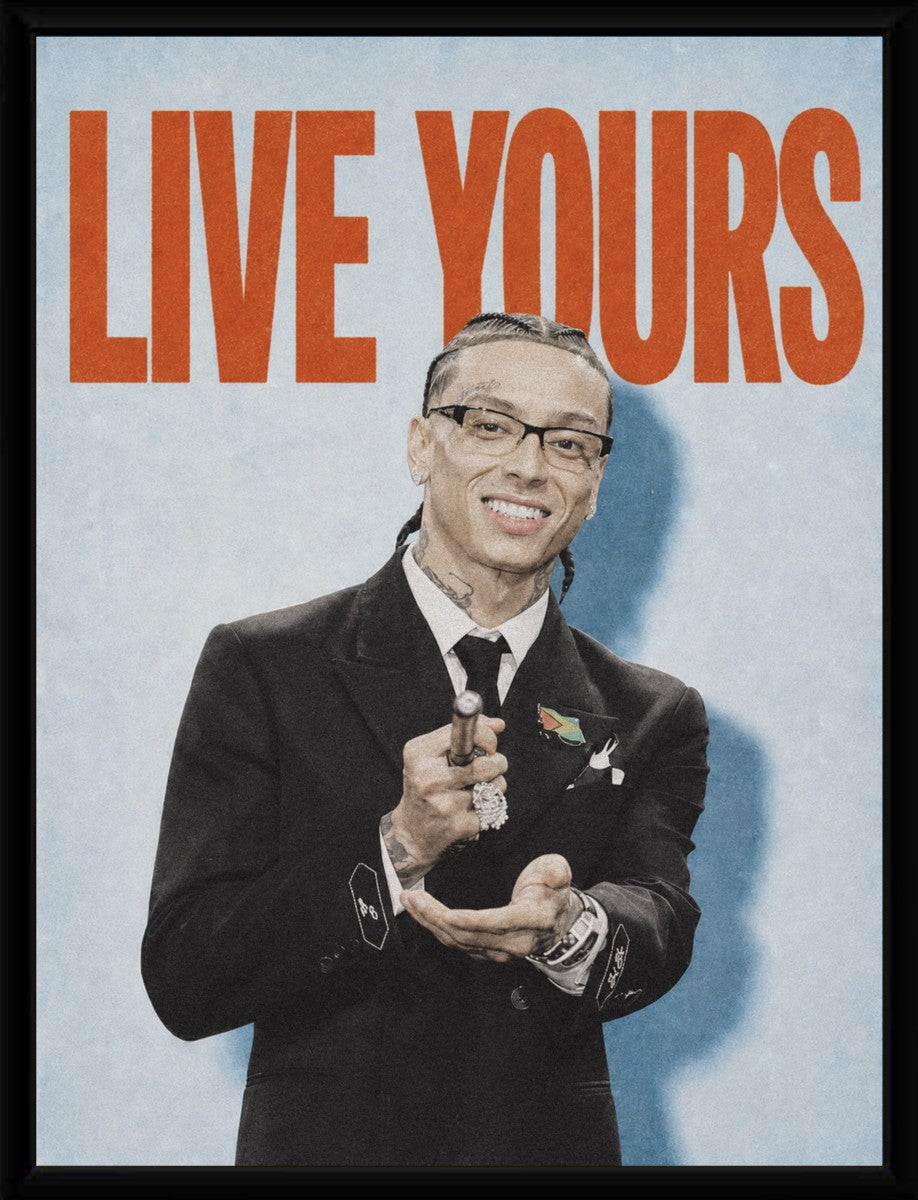 The Central Cee Live Yours poster displayed in a sleek frame with a minimalistic design.