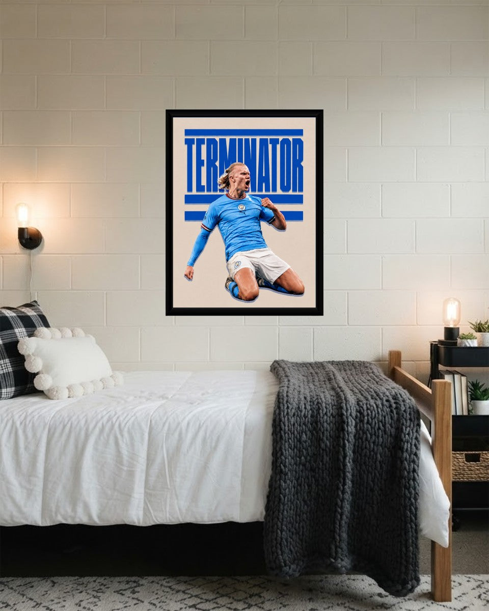 Erling Haaland poster displayed in a vibrant room setting, emphasizing sports enthusiasm.